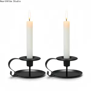2 Pack Matte Black Taper Candle Holders Retro Wrought Iron Chamberstick Candelabra Vintage Candlestick with Handle for Wedding Table Home Decor