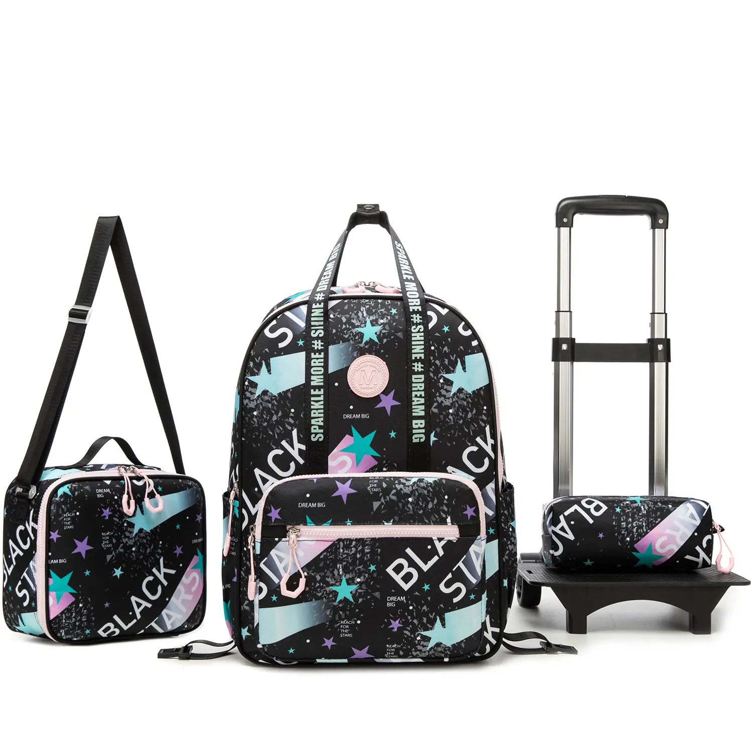 Y2K Aesthetic Starry School Bag 3pcs Set | Large Capacity Rolling Backpack for Teen Girls | Middle High School Student Bookbag with Detachable Trolley, Insulated Lunch Bag & Pencil Case | Cute Streetwear Laptop Backpack 2026