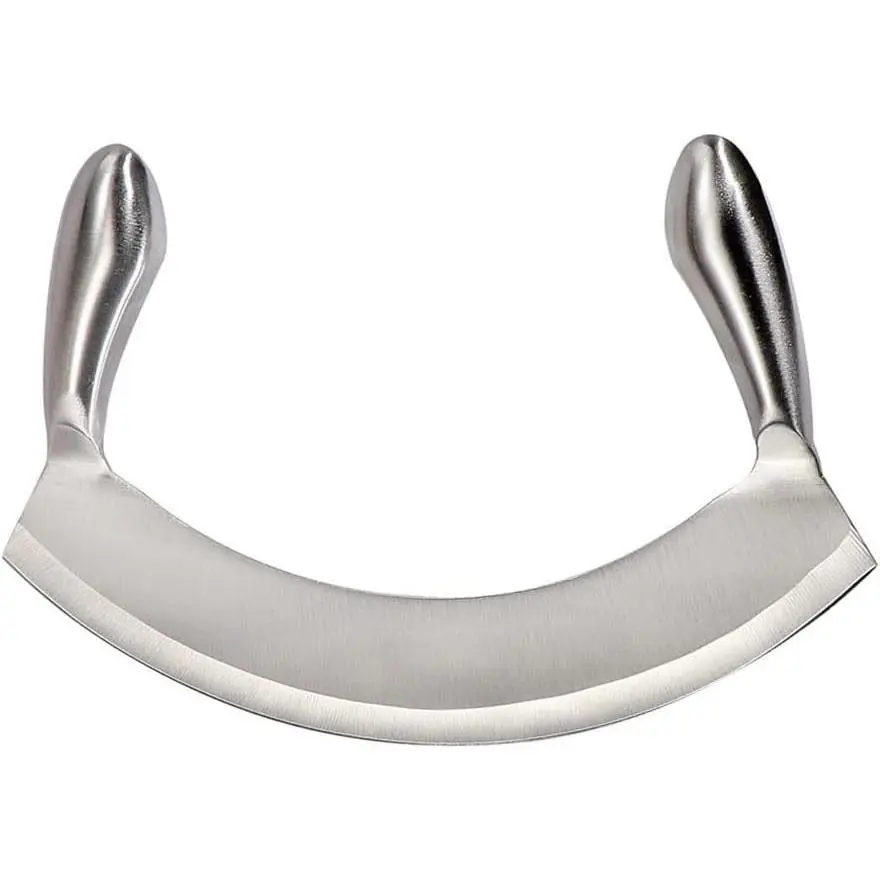 8.7 Inch Stainless Steel Mezzaluna Knife - Salad Chopper Rocker Pizza Cutter Rocker Knife Curved Blade Sharp Blade Double Handle Fruit Vegetable Mincing Knife