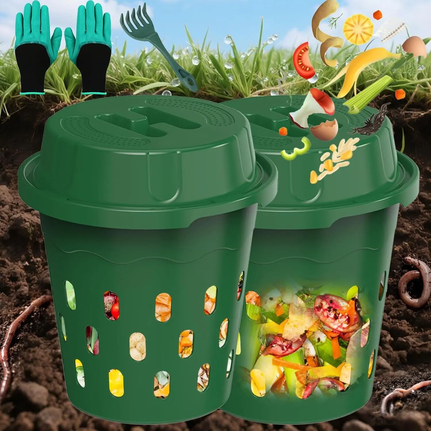 2-Pack Inground Worm Composter, 8L Outdoor Worm Farm, Worm Compost Bin for Garden Beds & Home Use, Vermicomposting Bin for Recycling Food Waste, 9.5x9.5x10.8Inch Green