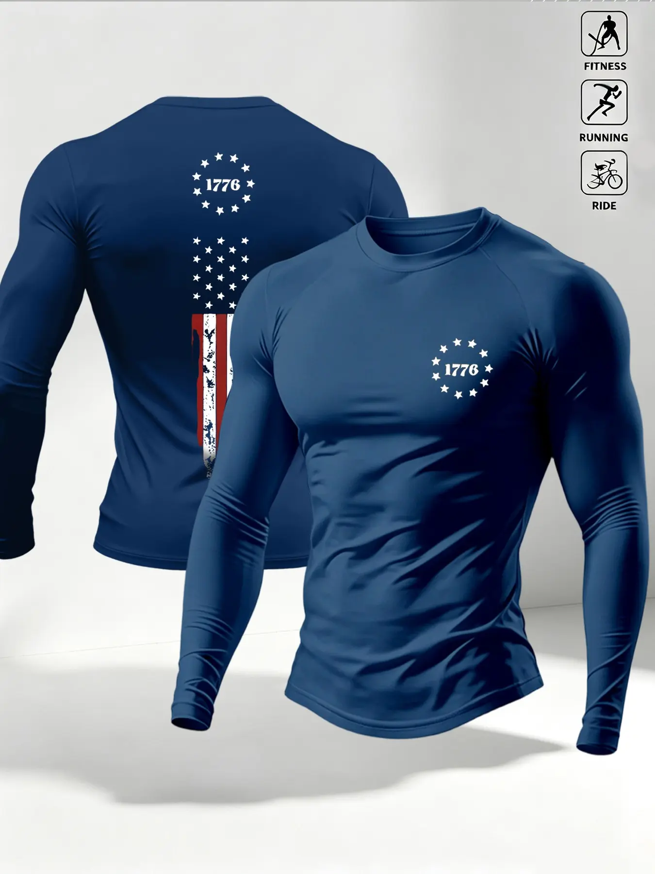 Men's 1776 Vintage Thirteen Stars Usa Flag Long Sleeve Compression Top, Sporty Slim Fit, Quick-Dry, Breathable, All-Seasons