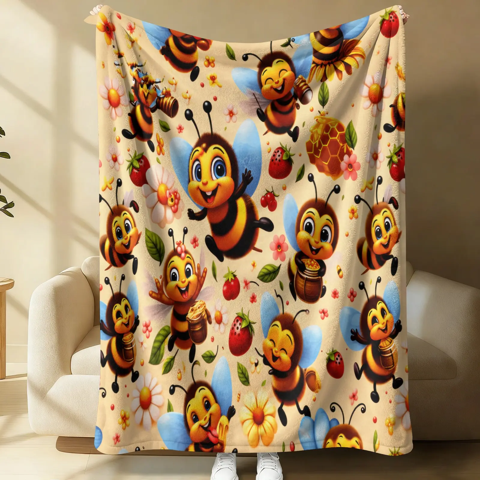 Cute Cartoon Bee Daisy Strawberry Honey Flannel Throw Blanket, Cream Warm Floral Insect Print, Oversize Lightweight Multi-use Blanket for Nap, Camping, Travel & Sofa Bed, Kids Farm Room Decor Gift