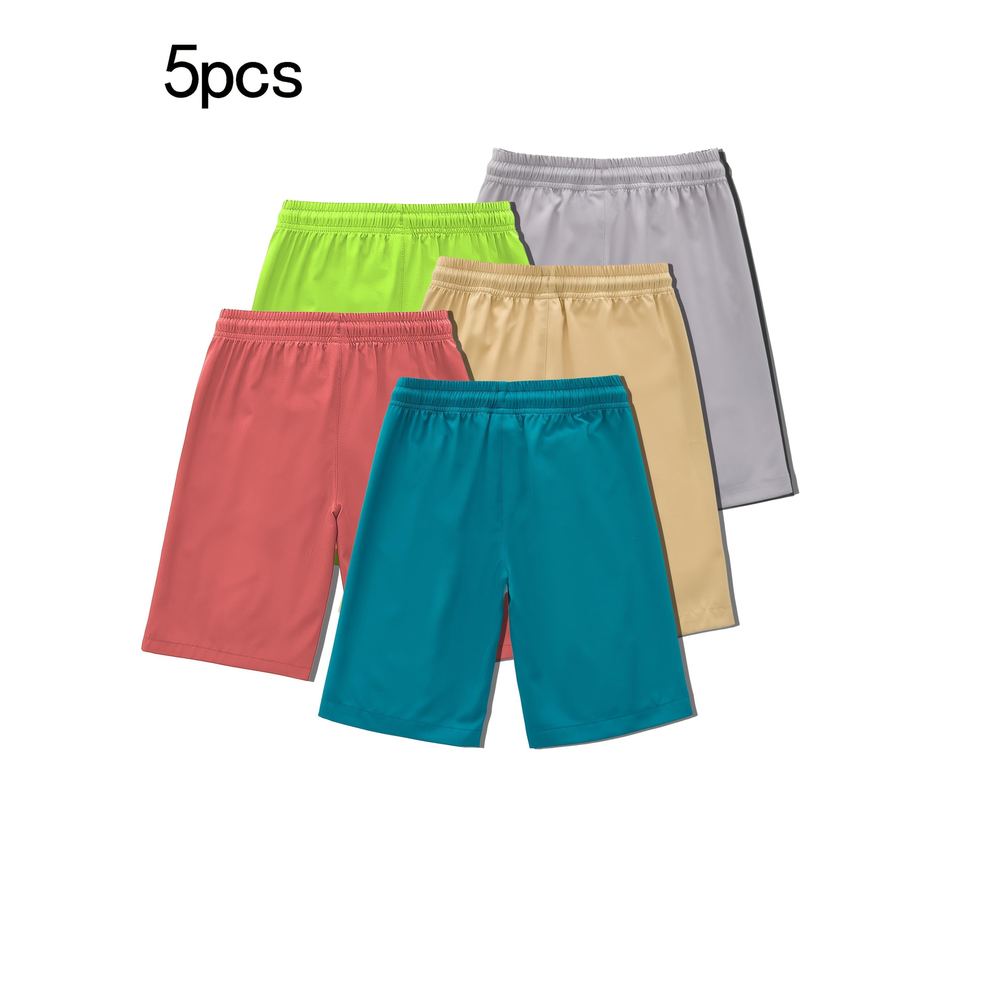 ASE-5pcs Boys' Summer Sports Shorts, Polyester 95%, Elastane 5%, Slight Stretch, Solid Color, Regular Fit, with Drawstring and Zip Pockets, Ages 12 and Under, Outdoor