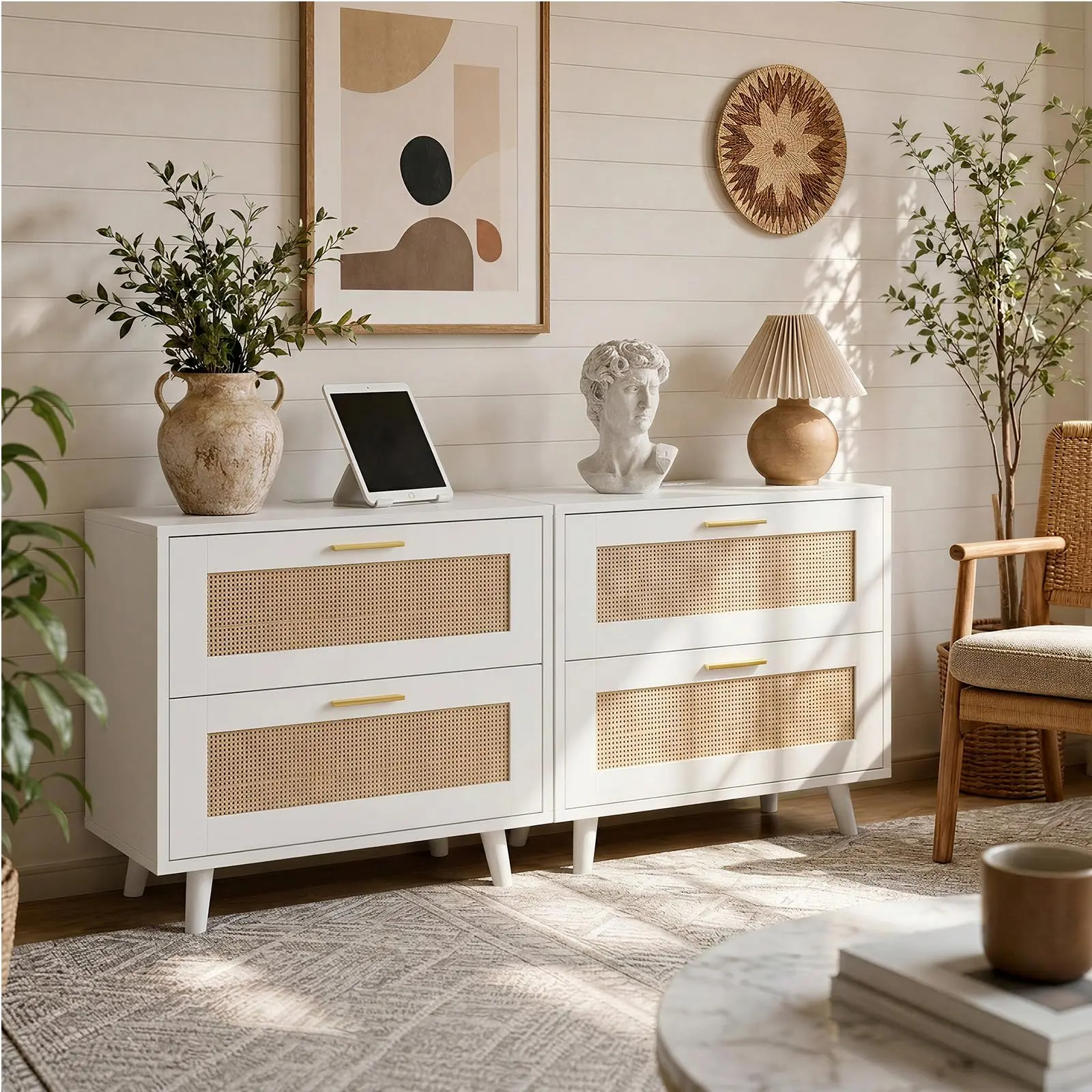 Rattan bedside table with Charging Station, 2-Drawer Bedside Table - USB Ports & AC Outlet - Boho Cane Wood End Table for Bedroom, Small Spaces