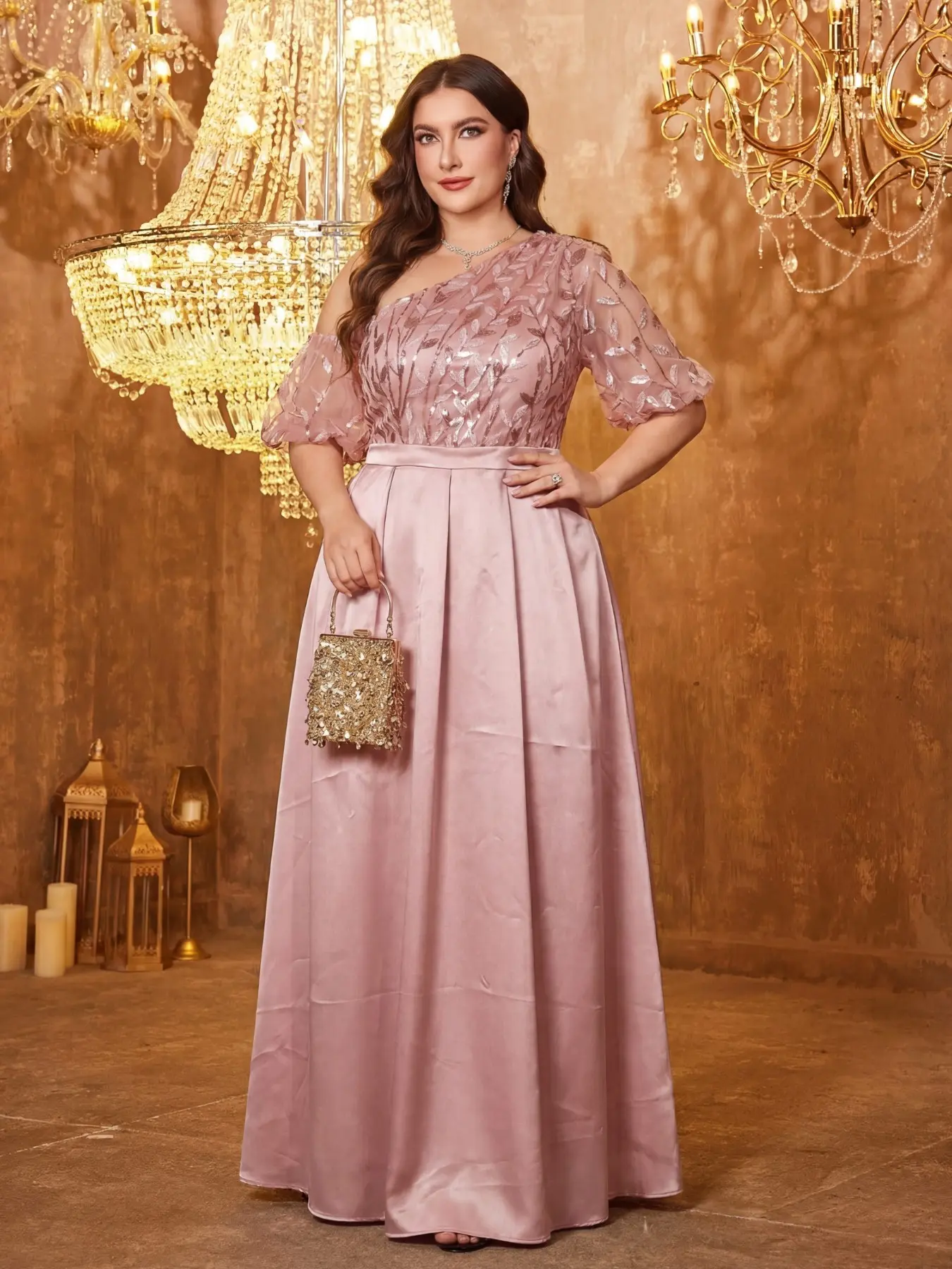Luxurious Chic Satin Sequin Dress, Elegant Off-Shoulder Bubble Sleeve, Maxi A-Line Formal Evening Gown, Perfect for Special Occasions, Fashionable Plus Size