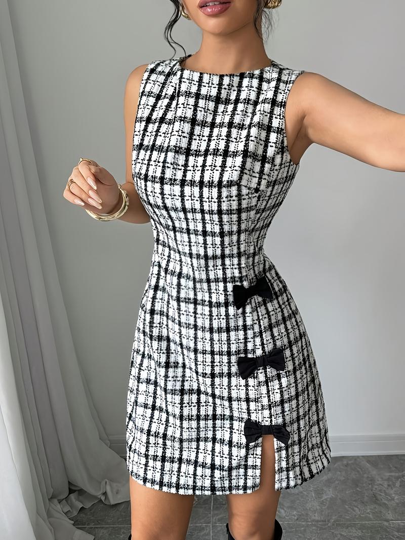 Women's Elegant Plaid Bowknot Dress, Sleeveless Round Neck Short Skirt, Casual Fall & Winter Fashion, Slim-Fitting Style
