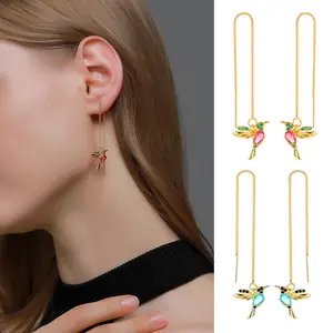 Hummingbird Threader Earrings Gold Rose Gold Crystal Long Drop Dangle Women's Jewelry
