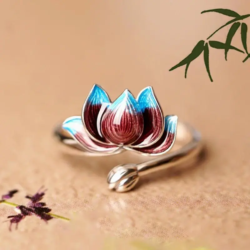 New Fashion Burnt Blue Cloisonne Lotus 925 Sterling Silver Jewelry Personality Epoxy Two-color Lotus Flower Opening Rings  R306
