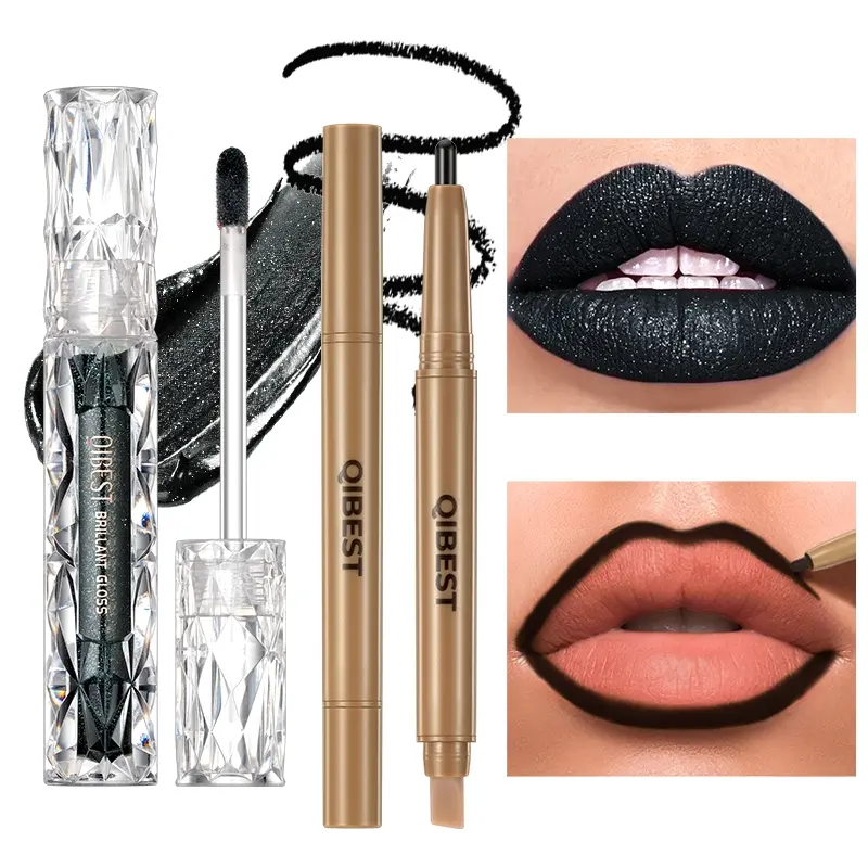 Sparkling Black Lip Liner And Lip Gloss Kit Even Creamy Texture Rich Color Payoff No Dryness Smooth Outlining Long Wear Halloween Cosmetic