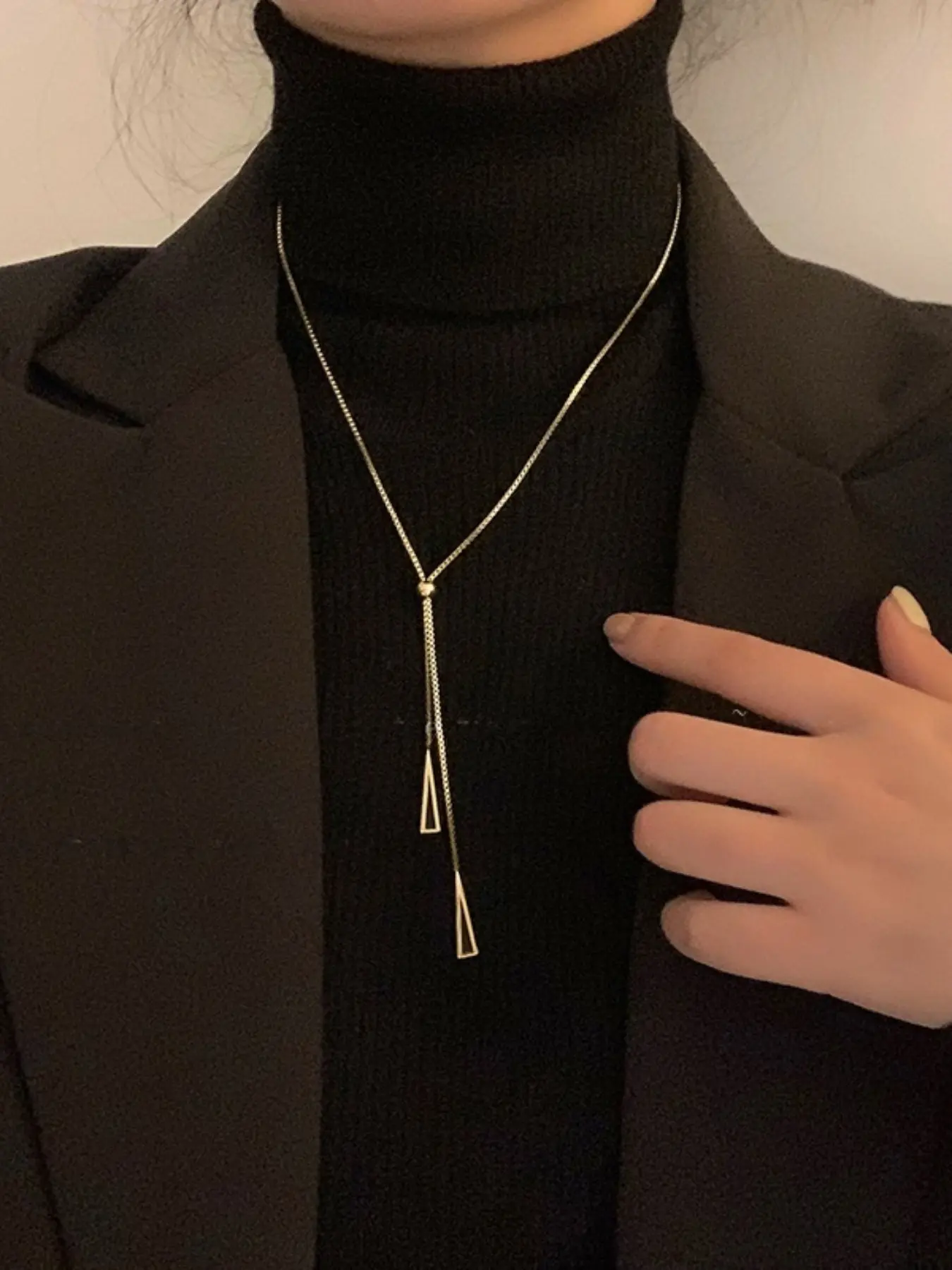 Titanium Steel Triangle Necklace for Women, Long Trendy High-End Light Luxury Unique Accessory, Fashionable Jewelry Gift Idea