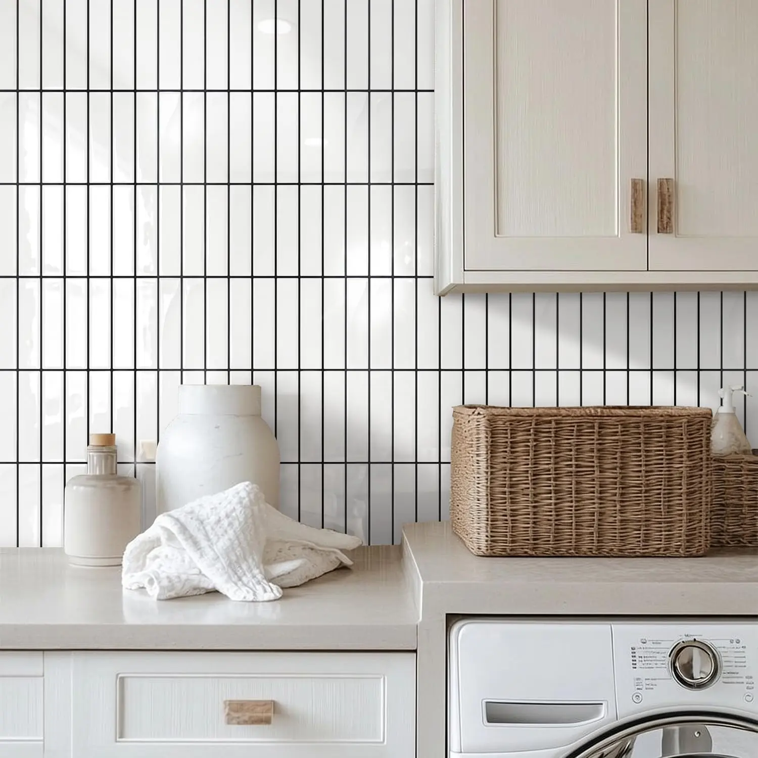 White Peel and Stick Backsplash,10 Pcs 12''x12'',Glossy White Peel and Stick Tiles Kitchen Backsplash Bathroom, Renter Friendly Adhesive Backsplash , Black Grout
