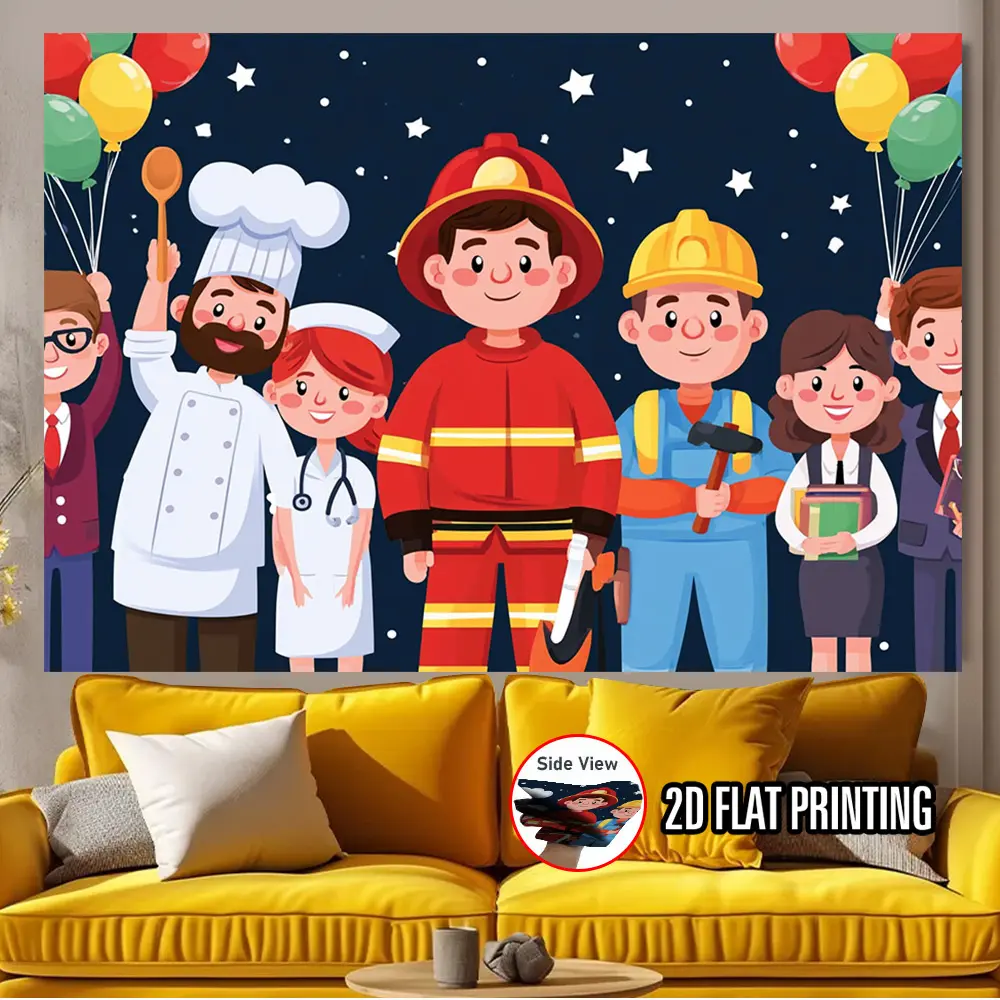 2D Flat Patterned HD Digital Printing Polyester Photography Backdrop, Soft Lightweight Foldable Background Cloth with Cartoon Occupational Character, Balloon & Starry Design, for Party Decor, Portrait Photos