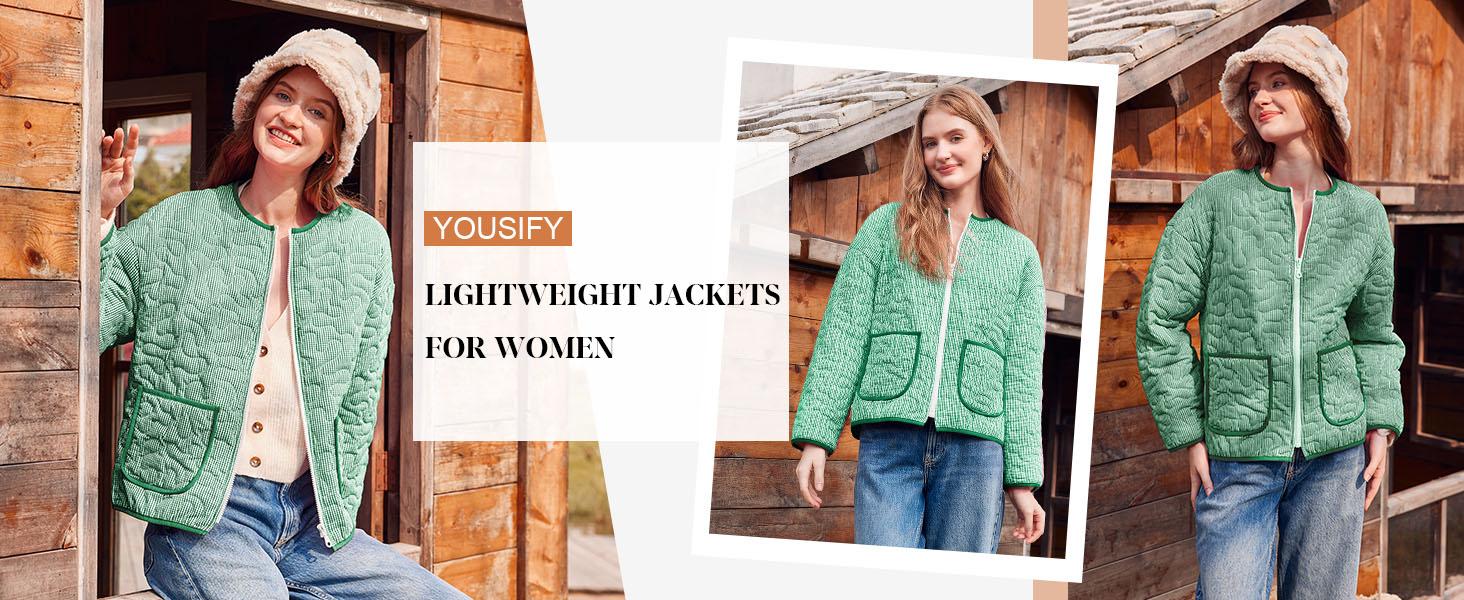 Yousify Womens Jackets Fall Fashion 2025 Crew Neck Quilted Plaid Jacket Full Zipper Coats S-2XL
