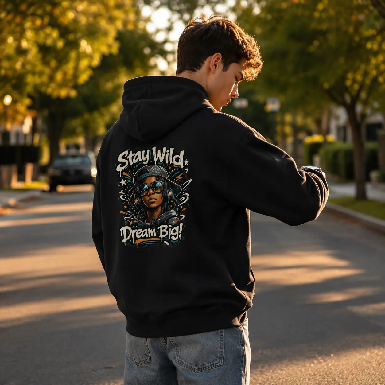 Men’s Stay Wild Dream Big Graphic Hoodie – White Motivational Streetwear Pullover Sweatshirt with Colorful Back Print