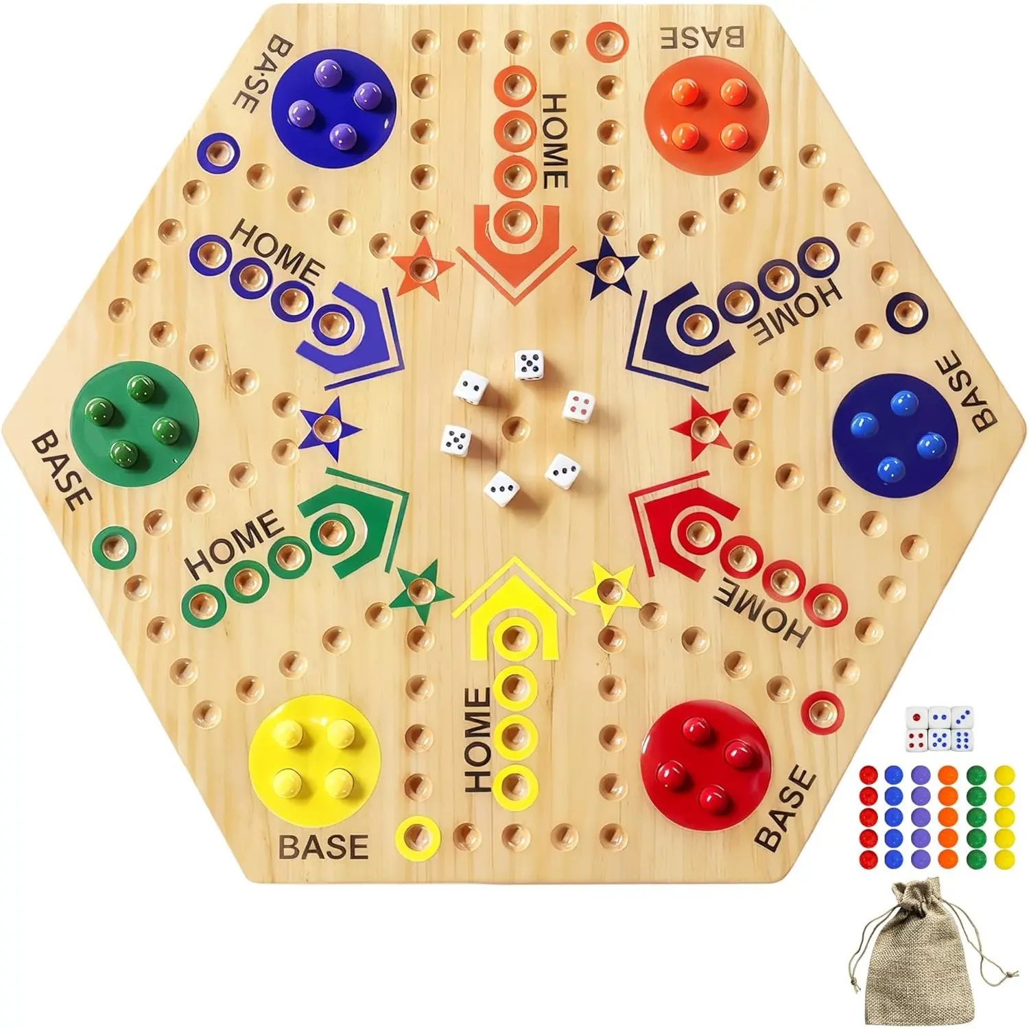 Wooden Board Game, Original Marble Game Double Sided Painted 2 to 6 Player Fast Track Board Game Wooden with 6 Colors 24 Marbles 6 Dice for Adults Kids Family(15 INCH)