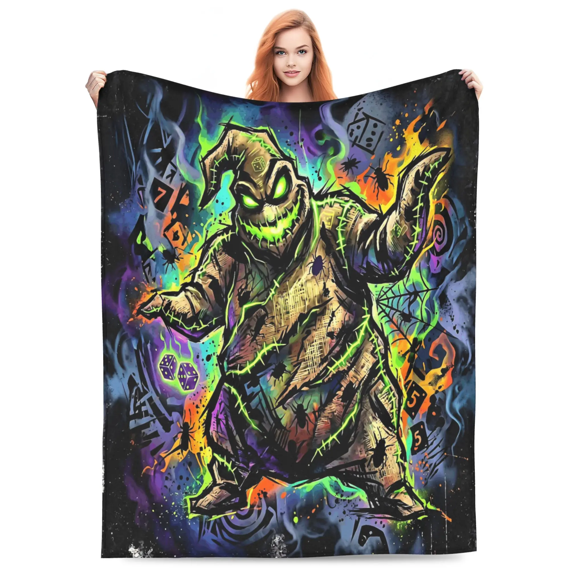 DISNEY CLASSIC Oogie Boogie Neon Graffiti Throw Blanket, Oogie Boogie Stitched Burlap Monster Dice Spider Smoke Splash Color Dark Background Flannel Fleece Blanket, striking Halloween decor for Nightmare Before Christmas fans.