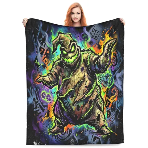 DISNEY CLASSIC Oogie Boogie Neon Graffiti Throw Blanket, Oogie Boogie Stitched Burlap Monster Dice Spider Smoke Splash Color Dark Background Flannel Fleece Blanket, striking Halloween decor for Nightmare Before Christmas fans.