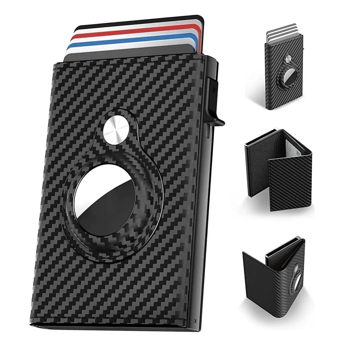 Wallet for Men, Minimalist Credit Card Holder for Apple Air Tag, RFID Blocking, Pop up Card Case, Premium Genuine Leather Carbon Fiber, Smart, Slim, 9-14 Card Capacity | ID Window | Cash Slot