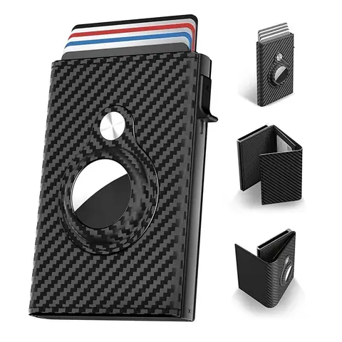 Wallet for Men, Minimalist Credit Card Holder for Apple Air Tag, RFID Blocking, Pop up Card Case, Premium Genuine Leather Carbon Fiber, Smart, Slim, 9-14 Card Capacity | ID Window | Cash Slot