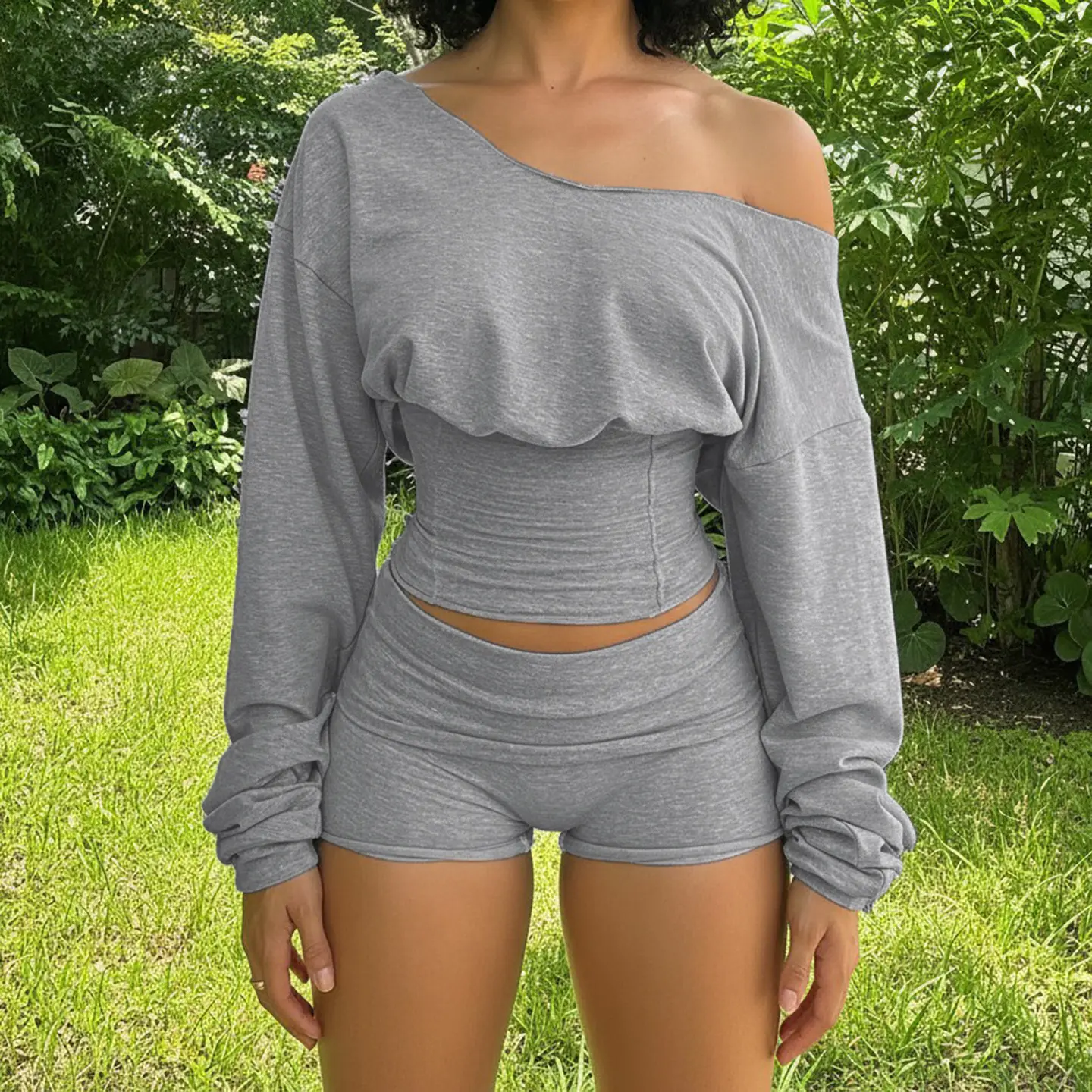 Casual One-Shoulder Long Sleeve Waist-Cinched Sweatshirt and Shorts Set for Women, Loose Long Sleeve Top + Solid Color Casual Pants