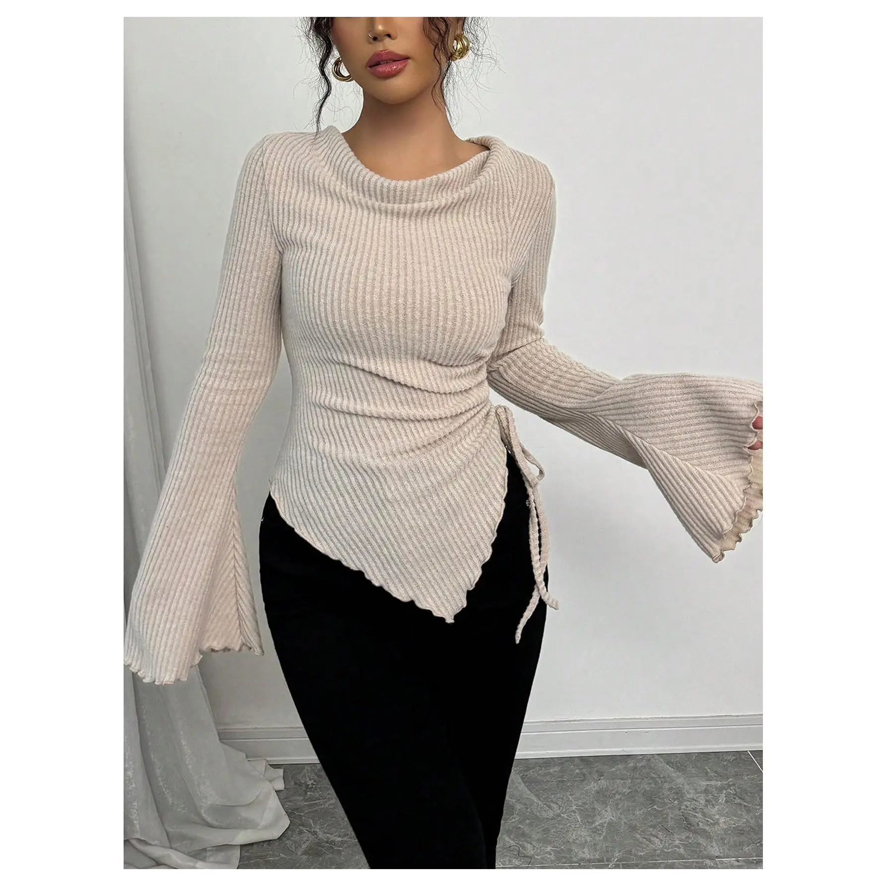 Ribbed Knit Going Out Y2K T Shirts Bell Sleeve Cowl Neck Fitted Tee Elegant Trendy Asymmetrical Tops