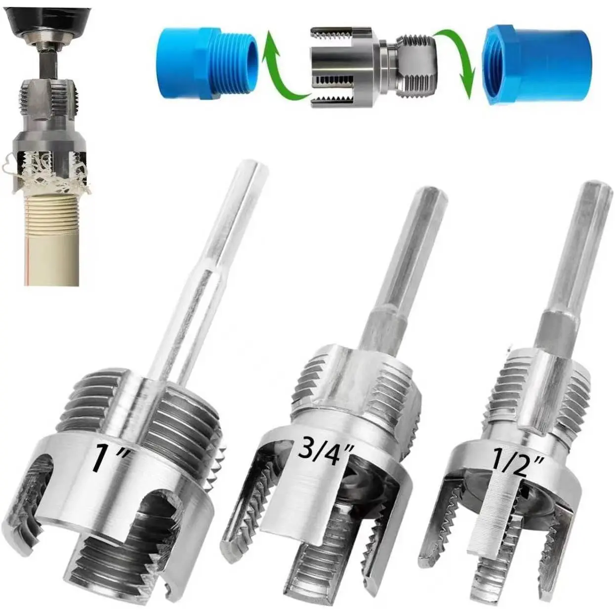PVC Pipe Threader Kit, 3 Piece Set, 1/2" 3/4" 1" NPT Sizes, Dual-Function Internal and External Threading Tool, Electric Drill Compatible for PVC, PPR, MPP Pipes