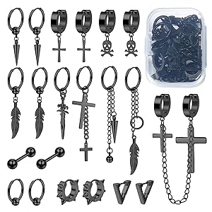 Jstyle 21 Pcs Earrings for Men Stainless Steel Black Long Chain Dangle Hoop Earrings for Men Women Jewelry Piercing Men Earrings Set