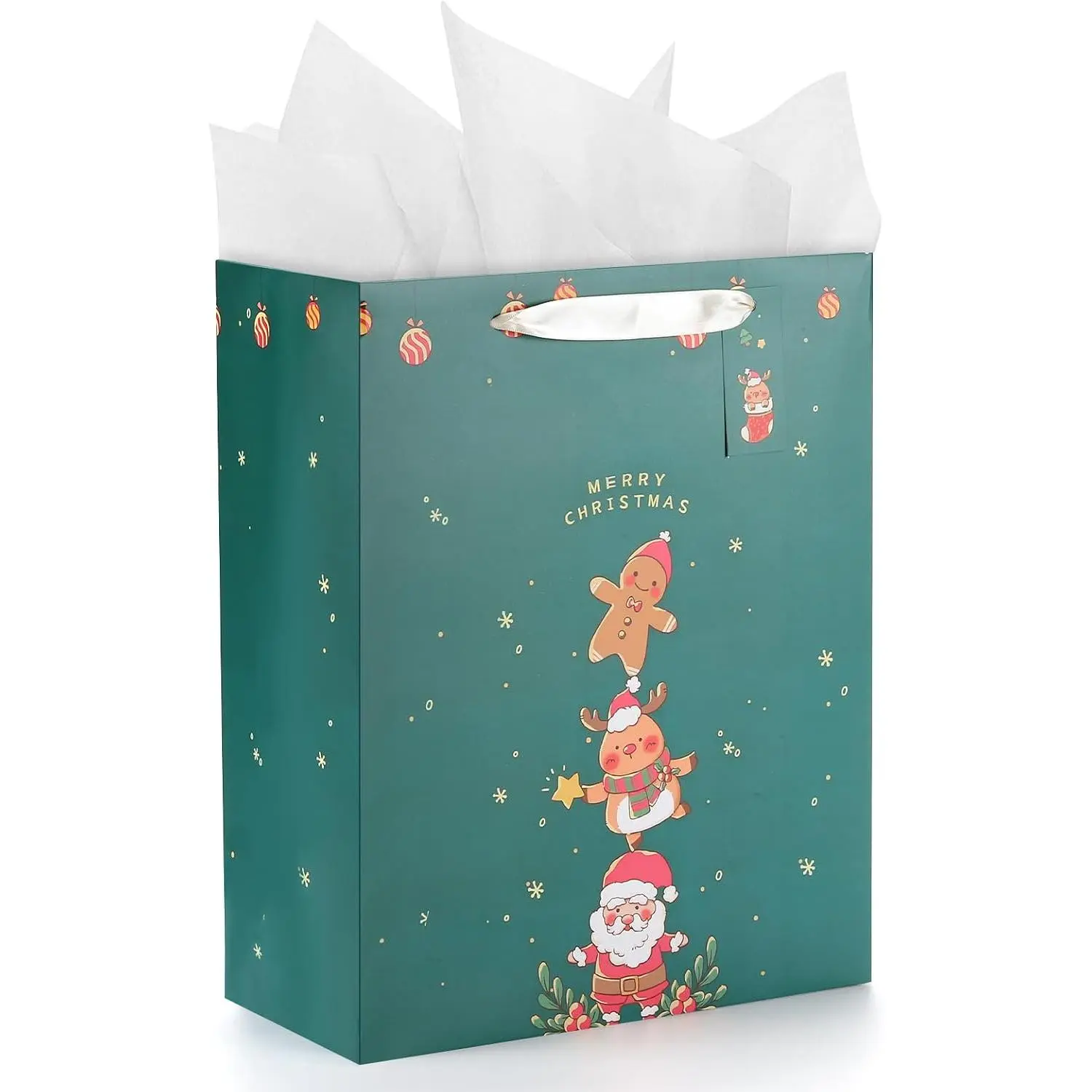 Large Christmas  Bag with Tissue Paper - 13" Large Christmas Bag for Gifts - 10" x 5" x 13" Holiday  Bag for , Adults, Coworkers, Neighbors.