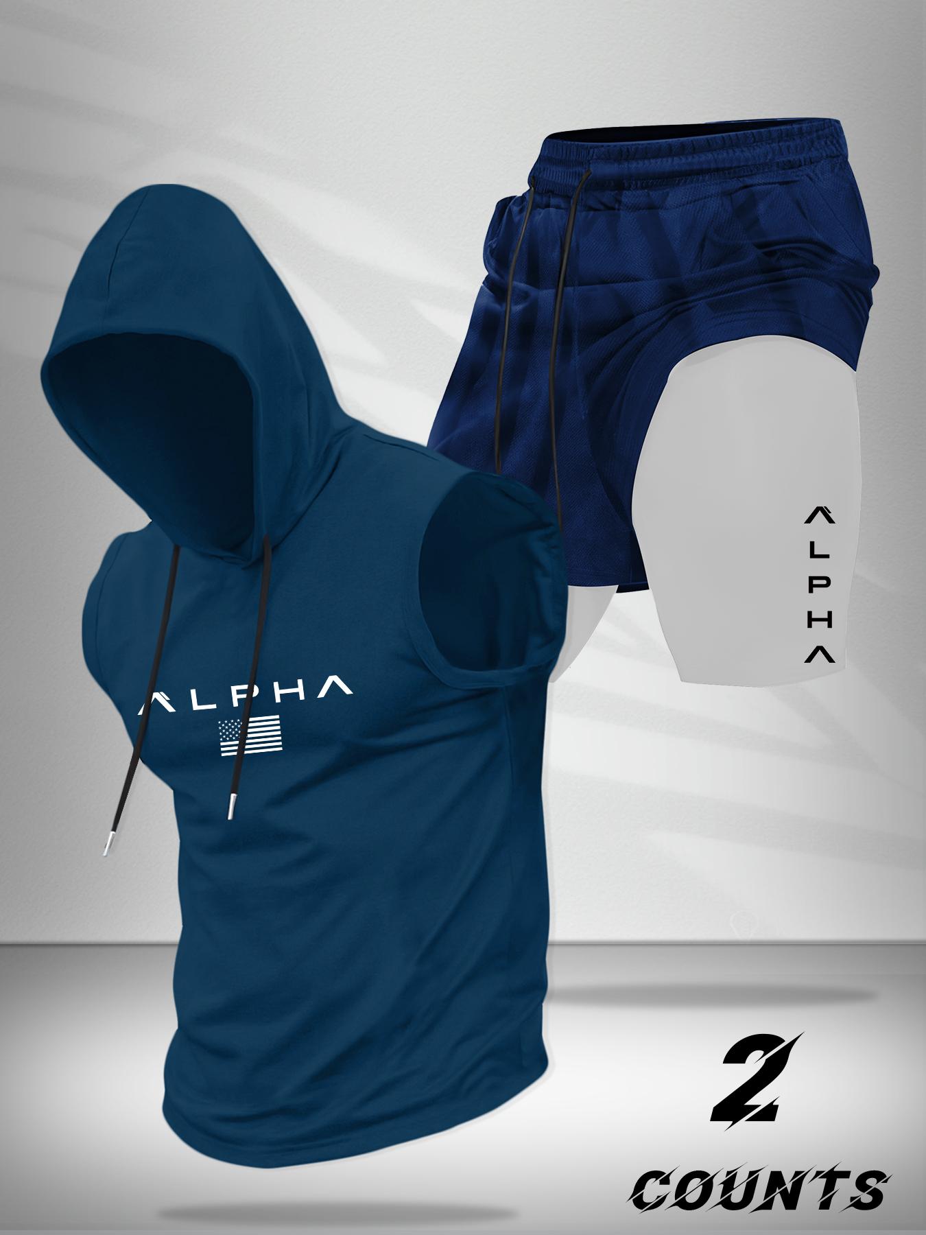 Hooded Vest and Gym Shorts Two-Piece Set, Casual Summer with Letter Pattern, Fitted Knitted Sportswear for Active Lifestyle, Sportswear Running Fitness, Workout Running Clothes, Streetwear Tracksuit Set