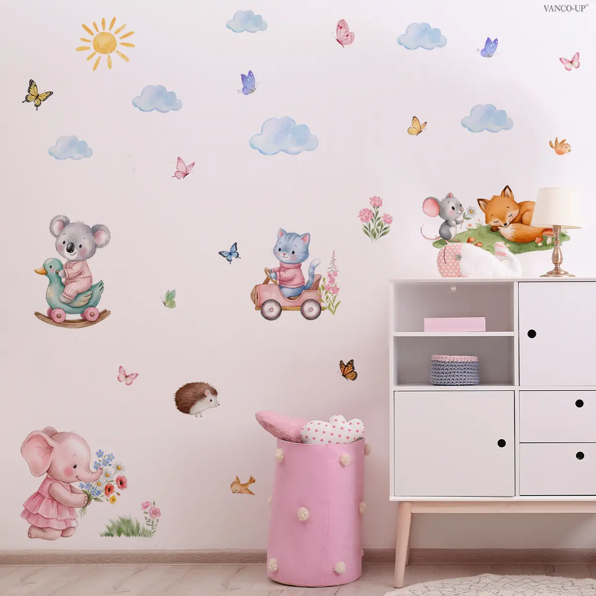 2Pcs Set (3060cm2pcs) Cute Pet Animal Wall Stickers with Elephants, Koalas, Foxes and Cats, Self-adhesive Decorative Decals for Girls Kids Room