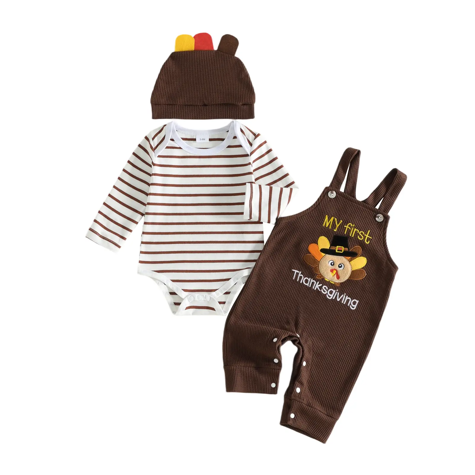 FOCUSNORM Newborn Baby Boys 3Pcs My First Thanksgiving Turkey Embroidery Overalls Striped Long Sleeve Bodysuit Turkey Hat Clothes Set 0‑18M