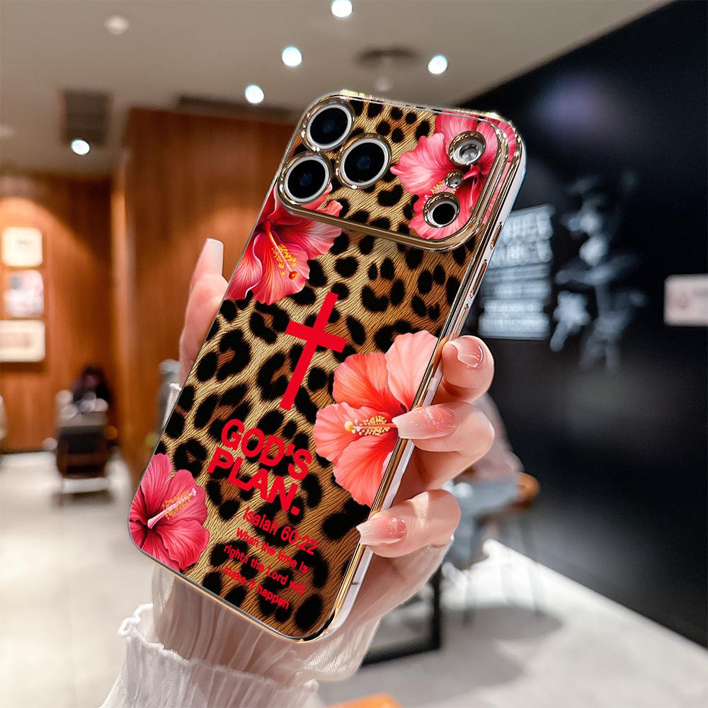 Leopard print and GOD'S PLAN lsaiah 60:22 Pattern Shockproof Phone Case for iPhone 17 Pro Max Air 16 15 14 13 12 11 Plus  Gold electroplated edge texture Full-lens protection Protecitved Cover