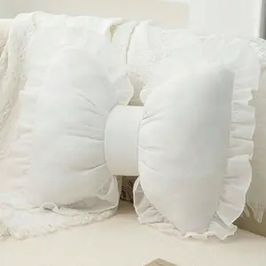 1 Pc Elegant Bowknot Lace Throw Pillow - Soft Washable Polyester Decorative Cushion for Bed and Couch