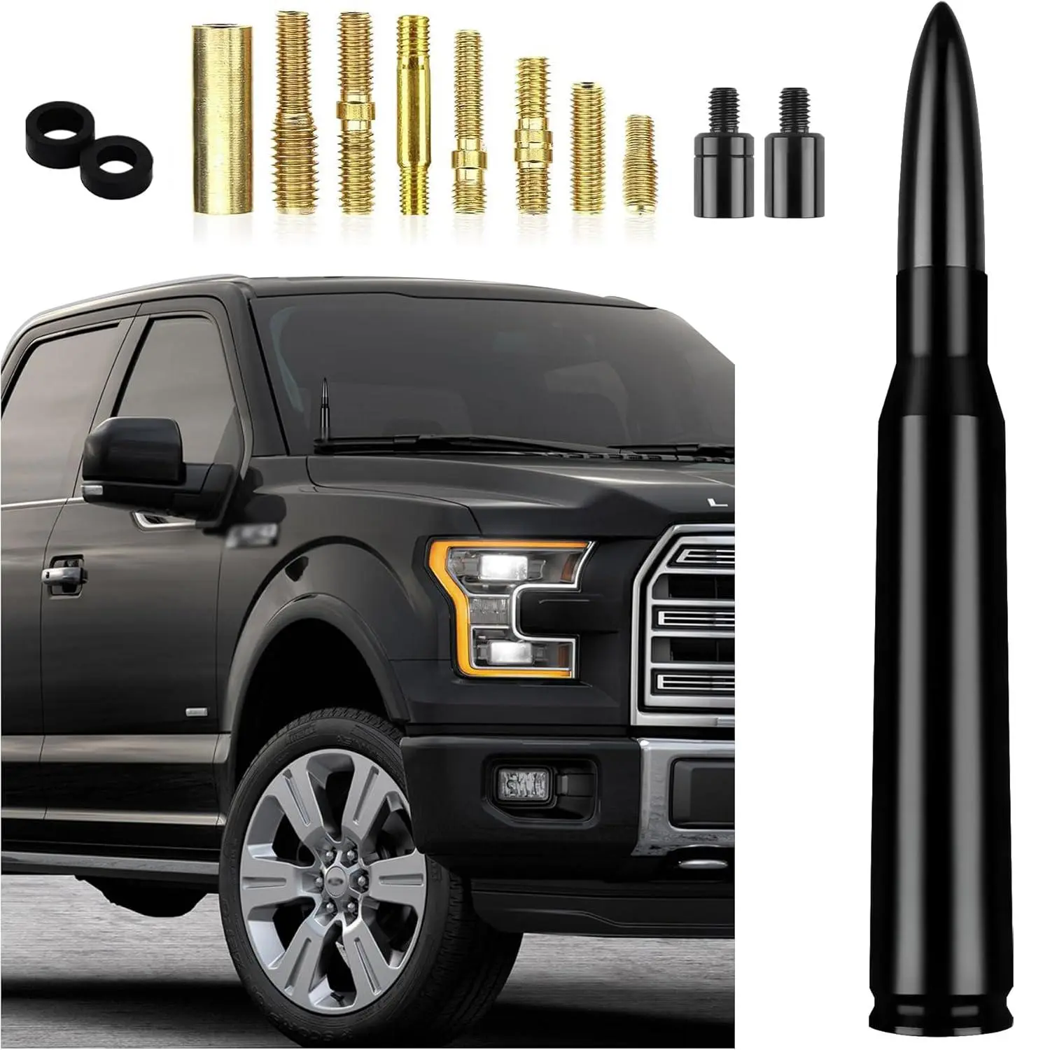 50 Cal Stubby Bullet Antenna Mast Power Radio AM/FM Replacement Universal for car Track Antenna Replacement,Compatible with Ford F-Series, Super Duty, Ford Raptor and Mustang Trucks, Anti-Theft, Black, Hood Side or Roof