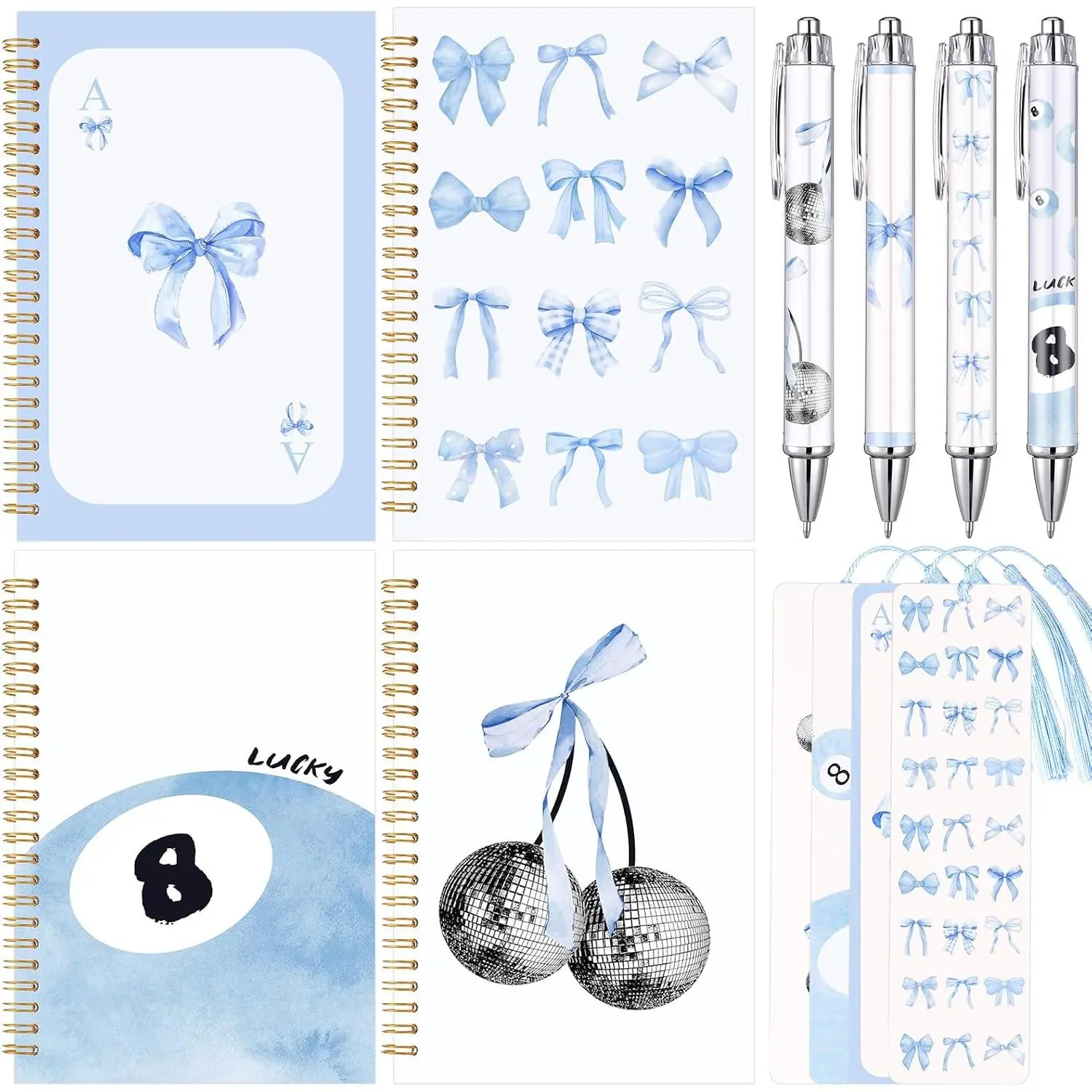 12 count  Bow Stationery Set Gifts, A5 Spiral Notebooks  Aesthetic Ruled Notebooks with Ballpoint Pens Bookmarks for  to School Office Classroom Prize Suffers(Blue)
