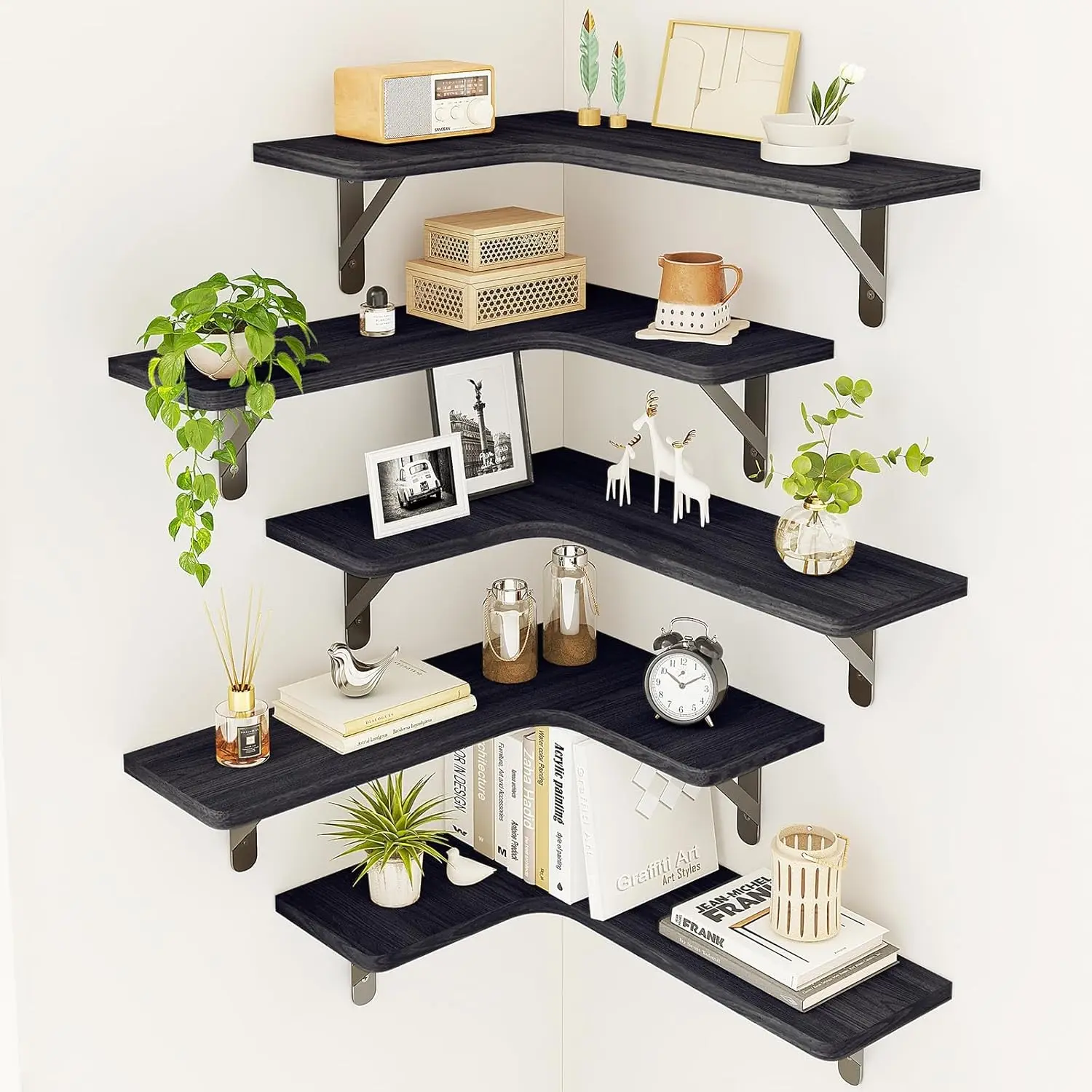 Corner Shelves Wall Mounted Set of 5, Floating Shelves for Wall Bathroom, Kitchen, Bedroom, Home Decor, Laundry Room, Living Room (Black)