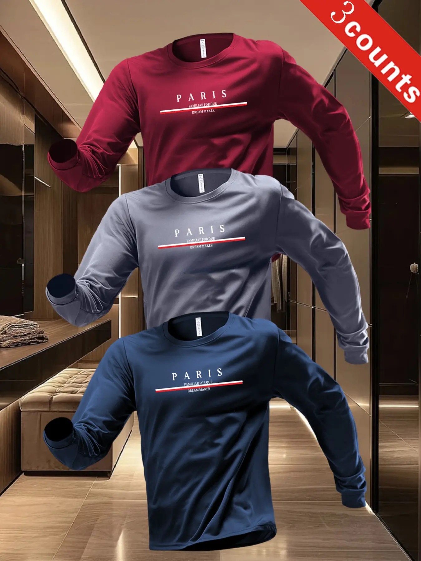3-Piece Quick-Dry Breathable Men's Round Neck Long Sleeve Sports T-Shirt, Casual Sporty Top, Moisture-Wicking, Ideal for Running/gym/training, Multiple Colors Available