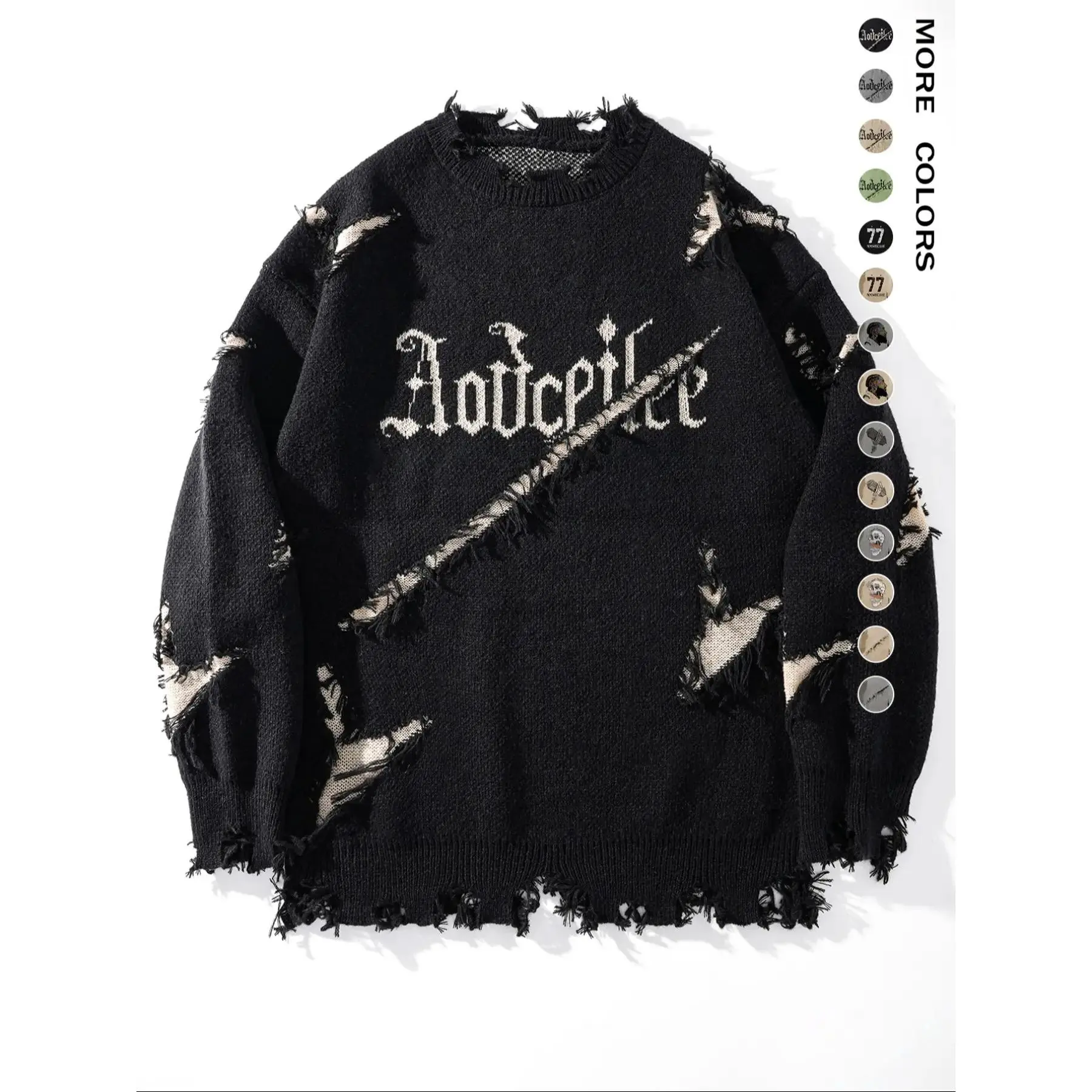 Men's Letter Pattern Ripped Drop Shoulder Pullover Sweater, Casual Loose Fit Knit Long Sleeve Round Neck Jumper, Casual Trendy Jumper for Fall & Winter, Fashion Men's Knitwear for Daily Wear