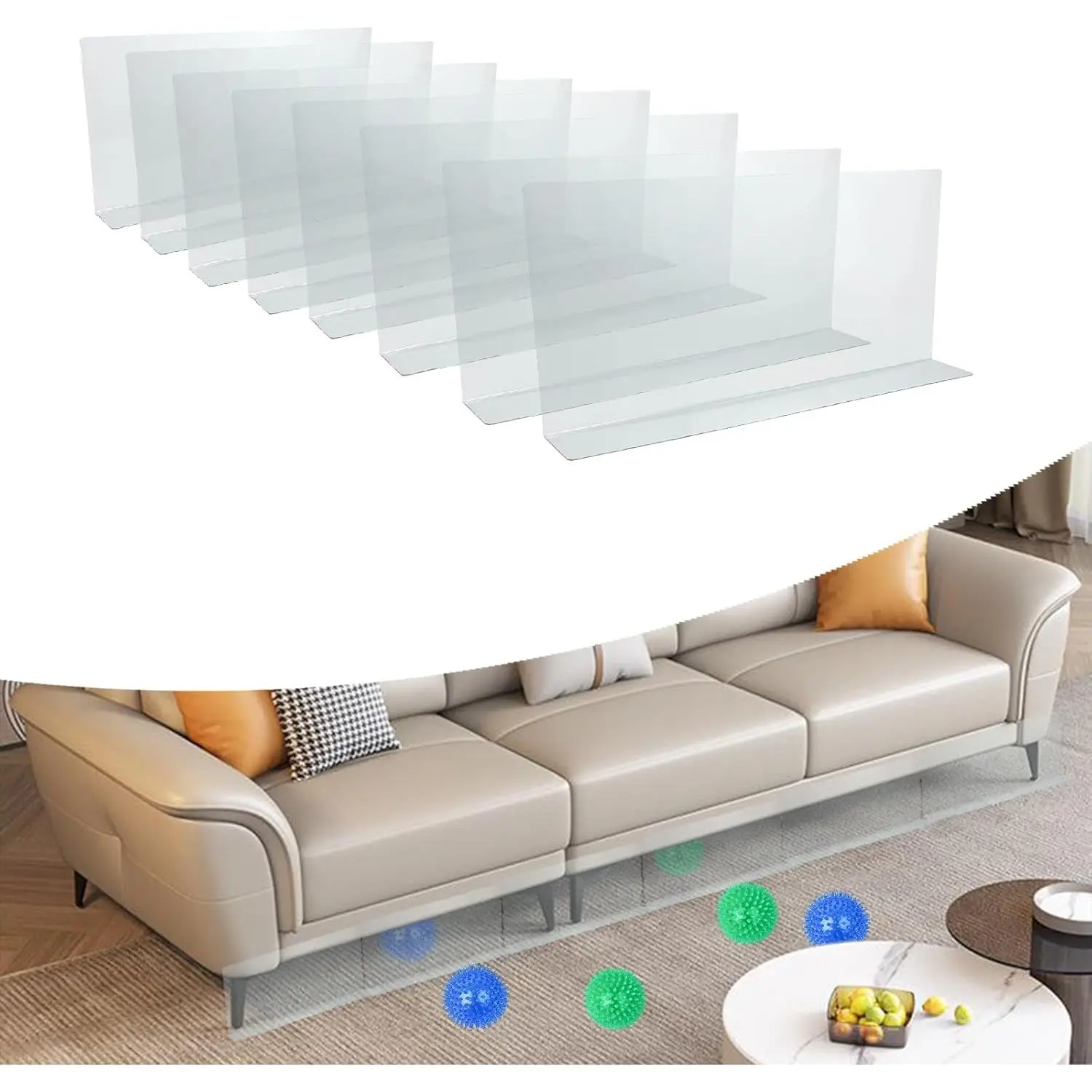 8 Pack Clear Adjustable Under Furniture Toy Blockers, 16" L x 7.5"H Under Bed Blocker for Pets, Stop Things Going Under Couch Sofa Bed Gap with Strong Adhesive