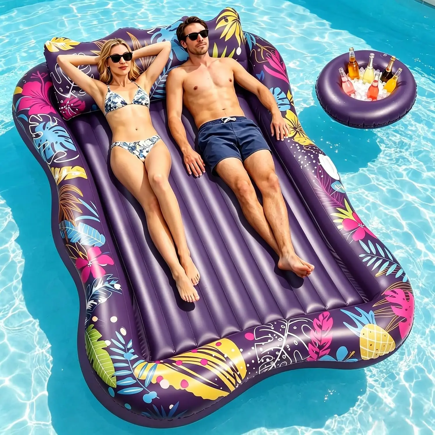 Extra Large Pool Floats Adult, 81" x 60" Inflatable Tanning Pool Lounger Float with Pillow and Cup Holders, Sun Tanning Bed Pool Rafts Floaties for Adults Beach Lake River