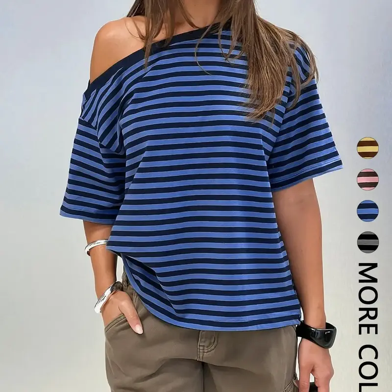 Women's Striped Off-Shoulder T-Shirt, Lightweight Casual Loose Fit Top, Comfortable Daily Wear, Trendy Summer Fashion