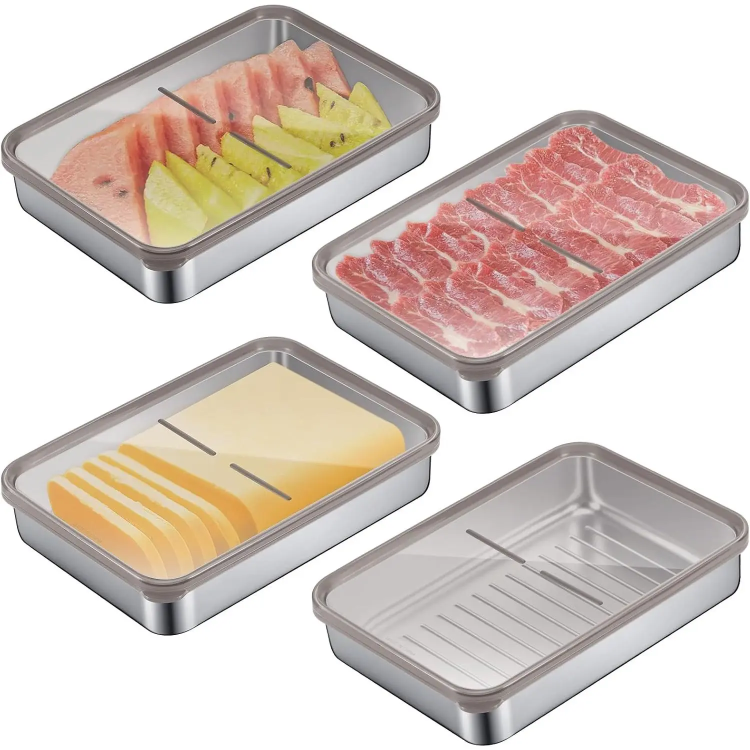 Set of 4 Stainless Steel Fresh Meat Boxes for Sausage, Cheese