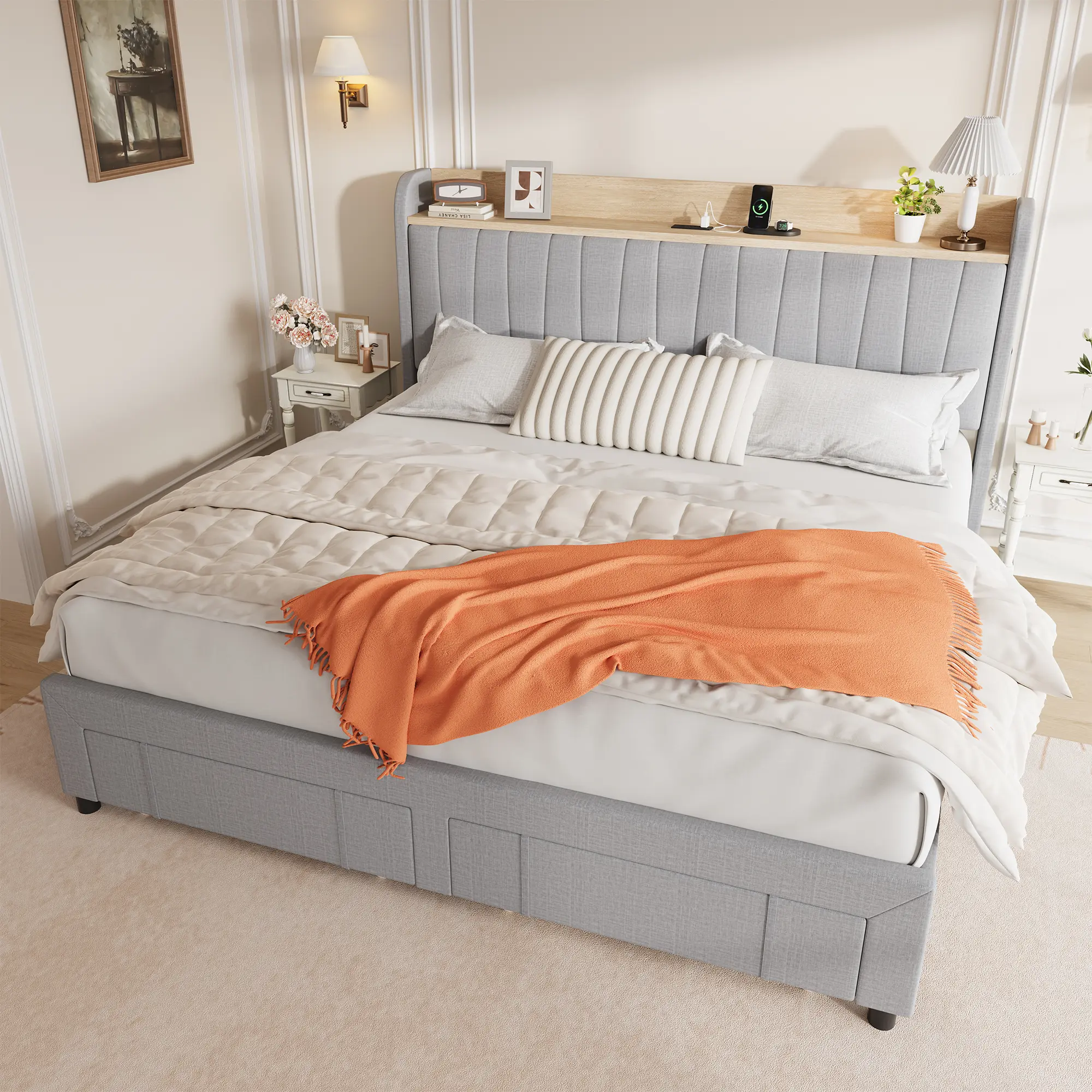 Upholstered Platform Bed Frame with Storage Headboard – Built-in Charging Station – Drawers – Sturdy Wooden Slats – No Box Spring Needed – Easy Assembly –Kinge –Light Grey
