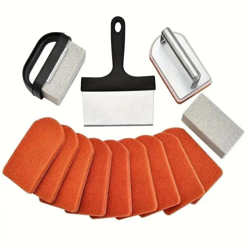 Blackstone 15-Piece Griddle Cleaning Kit, Heavy-Duty Grill Cleaner Set, Grilling Barbecue Accessories, Equipment with Grill Stone, Scrapper, Brush, Stainless Steel Handle