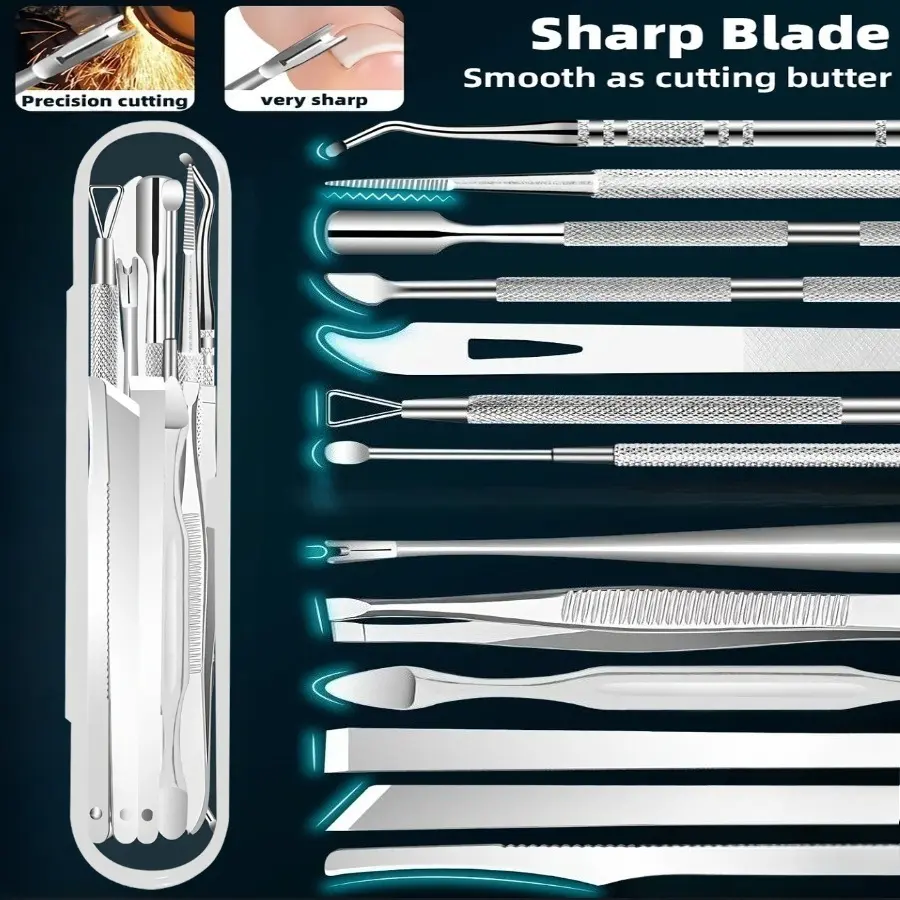 12 piece stainless steel nail tool set - odorless portable foot care and nail kit, Ingrown Toenail Tool, including stratum corneum remover and embedded toenail trimmer, portable storage box
