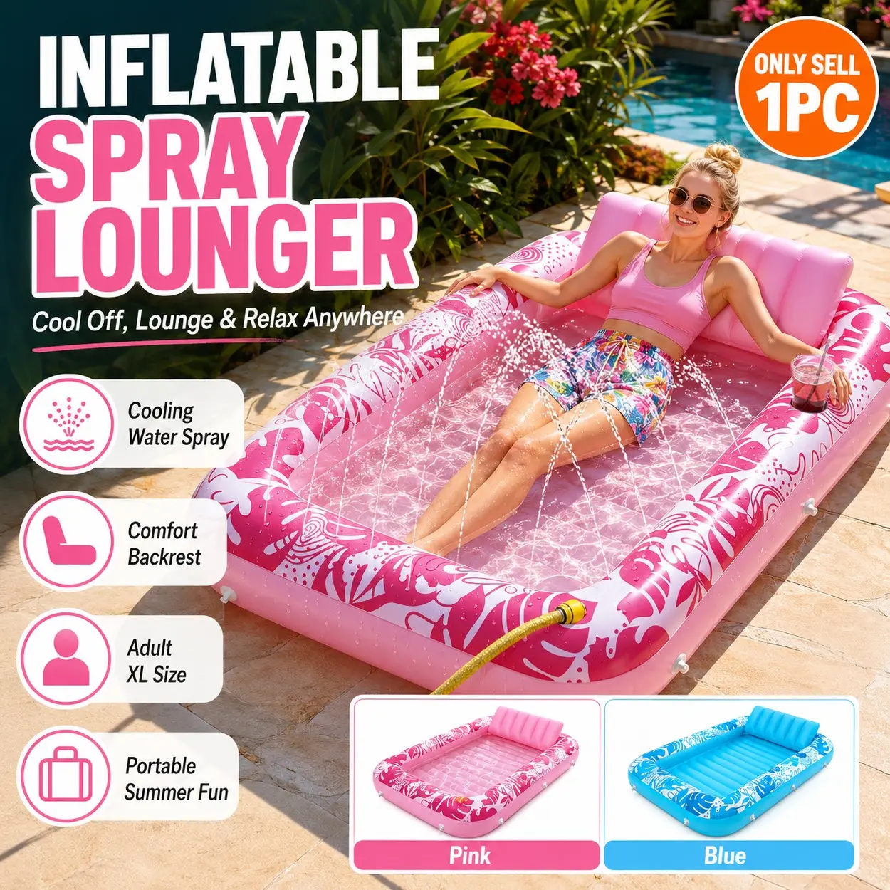 Inflatable Tanning Pool Lounger with Sprinkler, 70x46in Adult Float Bed with Pillow and Backrest, Pool Floater, Inflatable Water Lounger, Portable Blow Up Tanning Raft, Thickened PVC Cooling Suntan Tub, Backyard Pool, Beach, Summer Fun