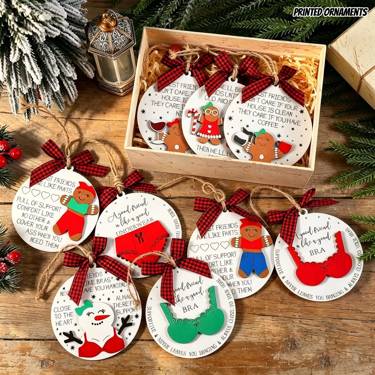 9-Piece Printed Christmas Ornaments Set - Double Layer Fun Holiday Decorations with Bow for Friends Bestie Gift - Classic Ugly Sweater, Snowman, Gingerbread Man - Perfect Christmas Tree Decor, Xmas Stocking Stuffers, Perfect Gift for  Family