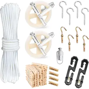 164ft Heavy Duty Polyester Outdoor Clothesline Pulley Kit with S Separator Spreaders Rope Tightener and Hook for Clothes