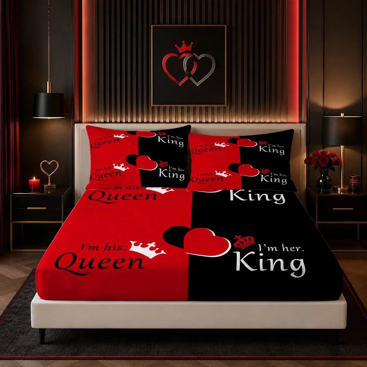 3 Pieces Fitted Sheet Set, Romantic Couple King Queen Crown Heart Red Black Split Fitted Sheet, Contains 1 Fitted Sheet + 2 Pillowcases, All Inserts Not Included, Valentine’s Day Bedding Decor, Ideal for Couple Bedrooms & Wedding Anniversary Gifts