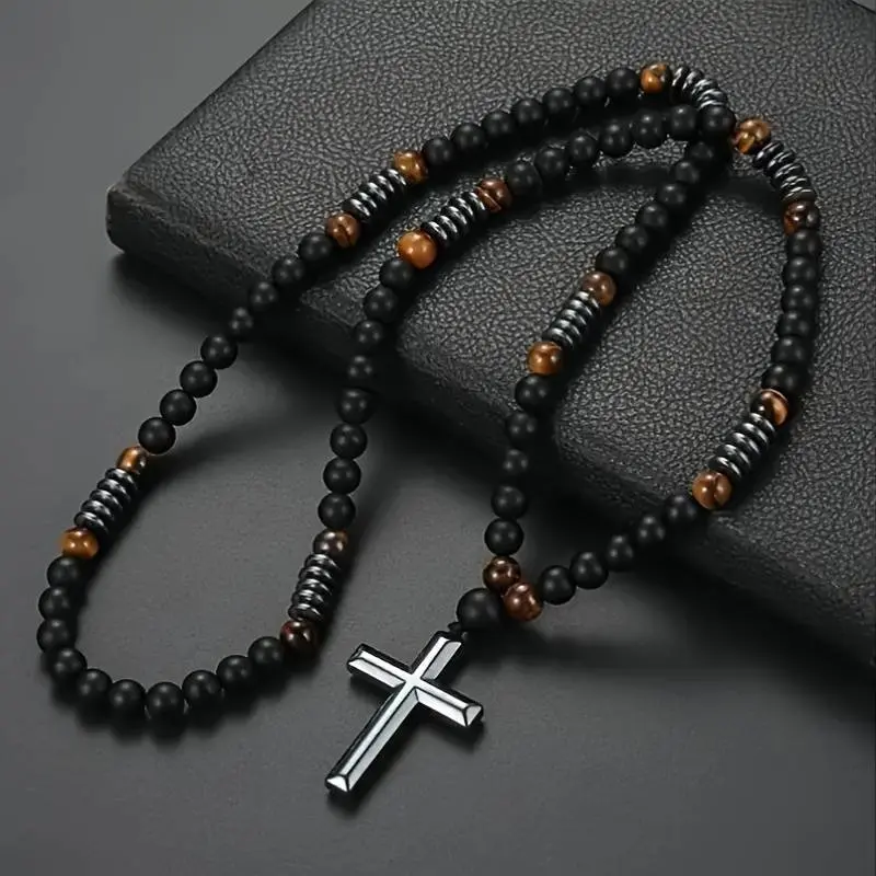 2 Pcs Bohemian Cross Pendant Necklaces for Men & Women, Matte Black Tiger's Eye Natural Stone Beaded Necklaces, Versatile Jewelry for Daily Wear and Formal Occasions